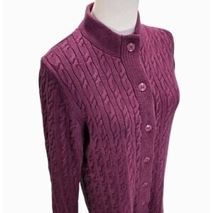 LL Bean Womens Double L Mixed Cable Knit Cardigan Sweater Sz S Berry Old Money
